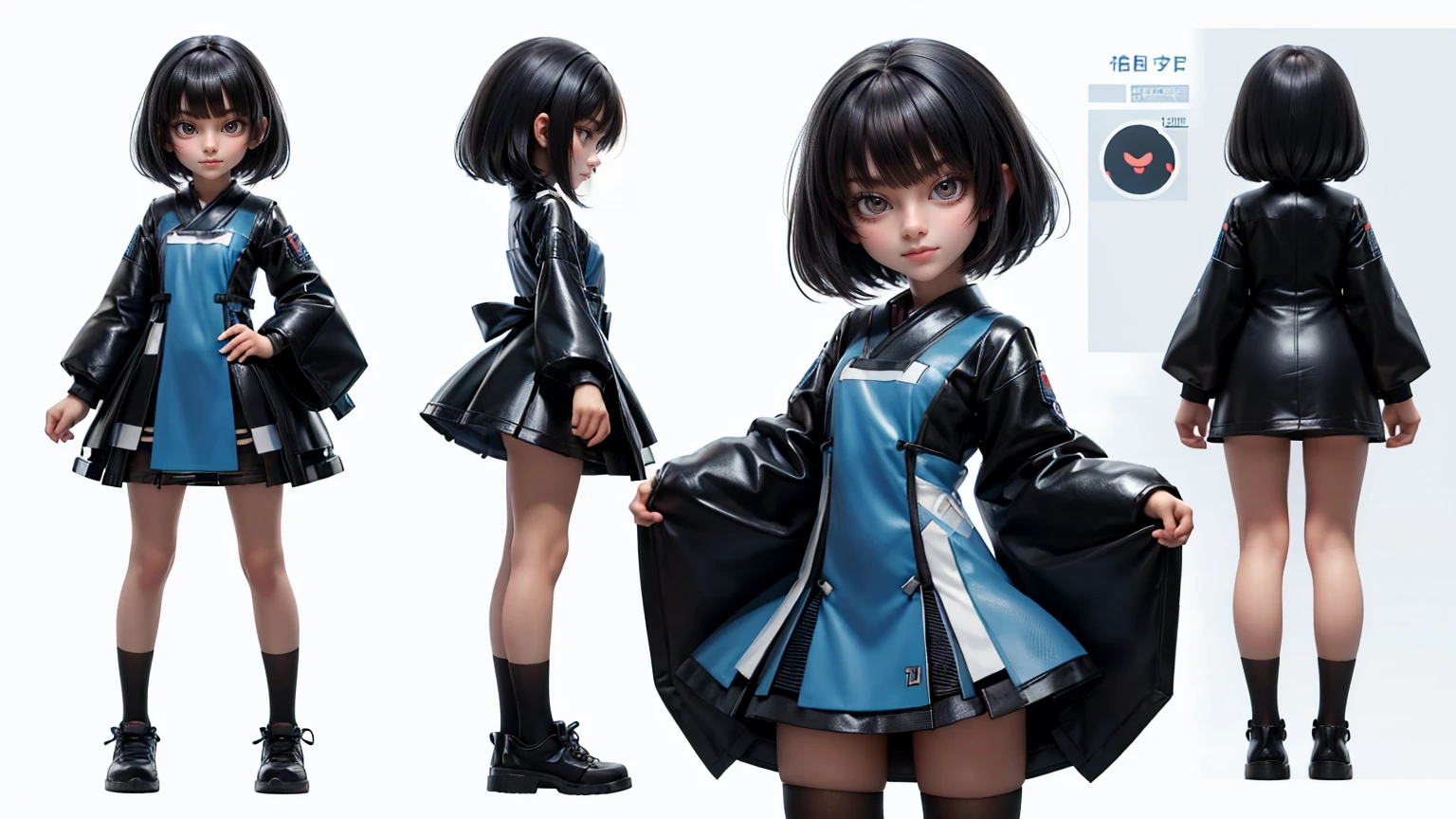 cute japanese girl in a short gaming dress , short hairs , black hairs, blue dress, gaming , smiling face, short dress full straight standing pose, student, Character Sheet, Full body, modern girl, games girl, Simple white background, character reference sheet, Concept art, design sheet, HD, full body, standing, modern futuristic dress,