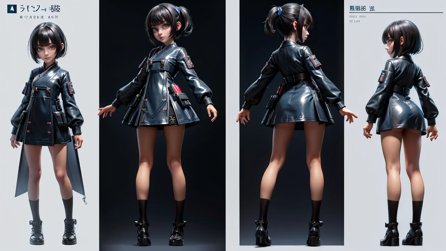 cute japanese girl in a short gaming dress , short hairs , black hairs, blue dress, gaming , smiling face, short dress full straight standing pose, student, Character Sheet, Full body, modern girl, games girl, Simple white background, character reference sheet, Concept art, design sheet, HD, full body, standing, modern futuristic dress,