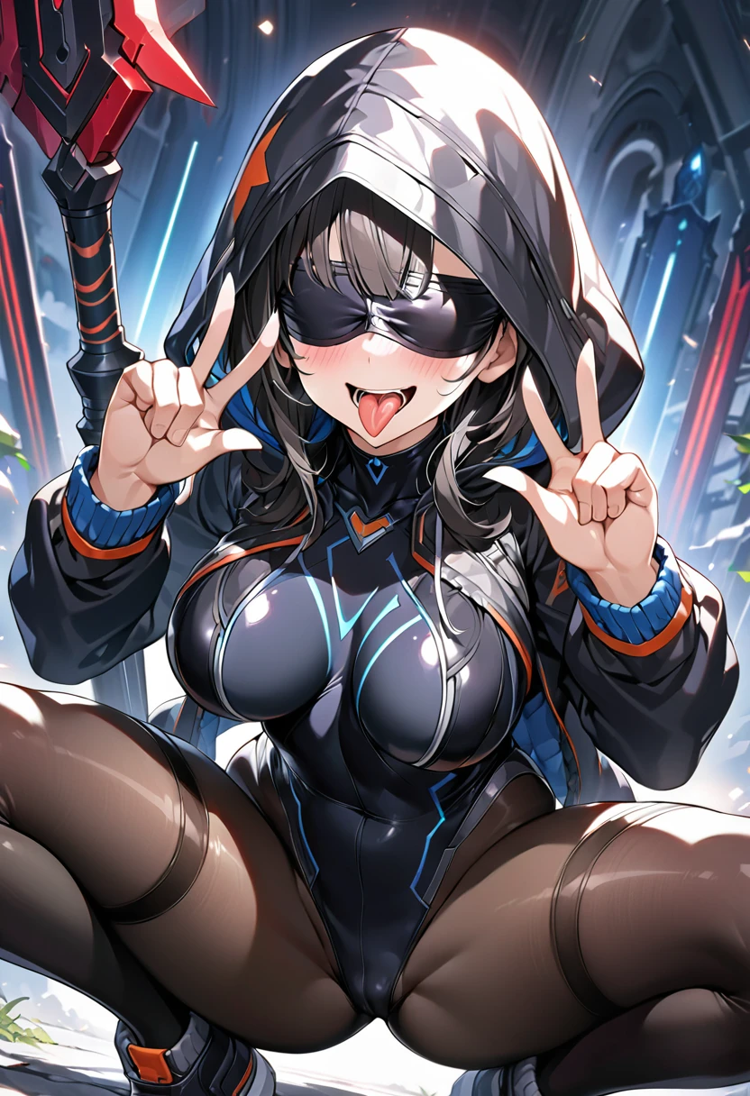 (((hands_up, double piece_sign, double_v:1.1, two up fingers))), hood, jacket, body suit, black clothes, black wear, (((black tights))), weapon, cowboy shot, (((blindfold))), beautiful face, masterpiece, super fine illustration, ultra high res, masterwork, best quality, cg unity 8k wallpaper, official art, ultra detailed, squatting, full face blush, smile broadly, evil smile, fucked silly, vulgarity, rape face, open legs, groin, spread legs, head to toe, super detailed skin, open mouth, stick out tongue, long tongue, tongue out, tongue, gleaming skin, oil skin, shiny skin, breasts, shoes, groin focus, happy, perfect hands, perfect fingers, five fingers, bangs, perfect anatomy hands, beautiful hands, beautiful fingers, fingertip, clothed,　