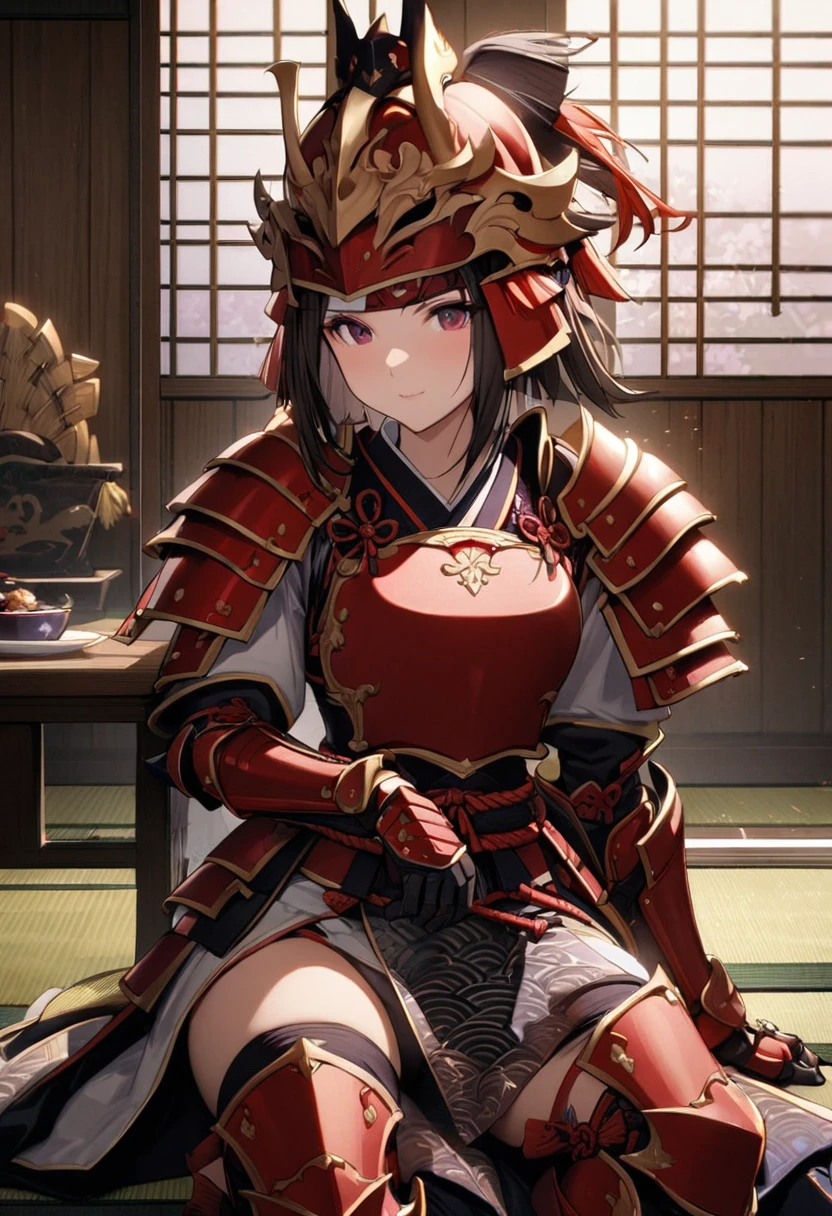 1girl, samurai (final fantasy), final fantasy, Japanese samurai armor, relaxed pose, indoor scene, tatami room, 
Breastplate, Pauldrons, Vambraces, Gauntlets, Faulds, Cuisses, Poleyns, Greaves,
ornate and detailed armor with layered plates and intricate lacing,
rich colors of deep red lacquer and gold accent,
kabuto helmet placed beside her,
tenugui headband wrapped around head,
holding a Japanese sword casually,
traditional Japanese room elements (shoji screens, low table),
soft lighting, peaceful atmosphere,
masterpiece, best quality, absurdres