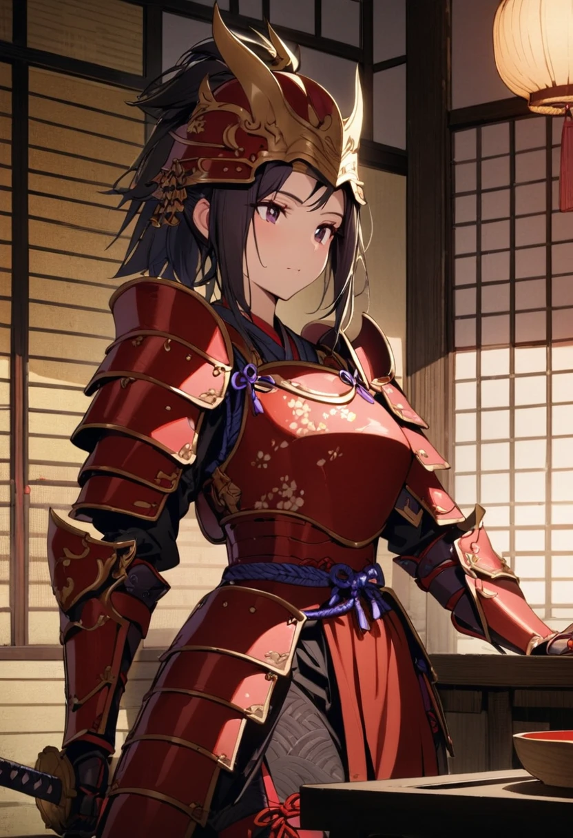 1girl, samurai (final fantasy), final fantasy, Japanese samurai armor, relaxed pose, indoor scene, tatami room,
Breastplate, Pauldrons, Vambraces, Gauntlets, Faulds, Cuisses, Poleyns, Greaves,
ornate and detailed armor with layered plates and intricate lacing,
rich colors of deep red lacquer and gold accent,
kabuto helmet placed beside her,
tenugui headband wrapped around head,
holding a Japanese sword casually,
traditional Japanese room elements (shoji screens, low table),
soft lighting, peaceful atmosphere,
masterpiece, best quality, absurdres