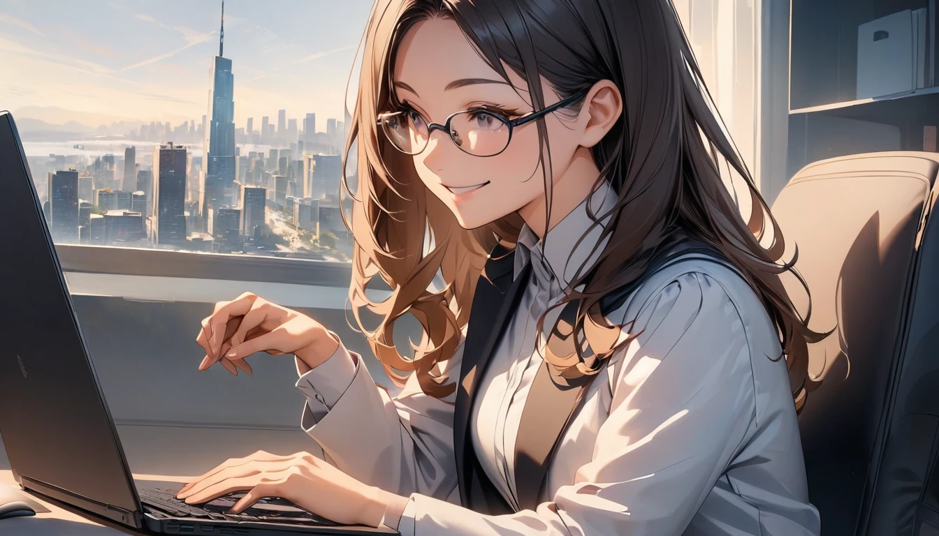Office workers working on a computer,Portraiture,Professional,Wearing a smart suit,Stylish glasses,Typing on a sleek laptop,Use a wireless mouse,Sitting at a modern desk,Smile confidently,City skyline in the background,Soft natural light,High resolution,High resolution,Very detailed.One Woman ,alone