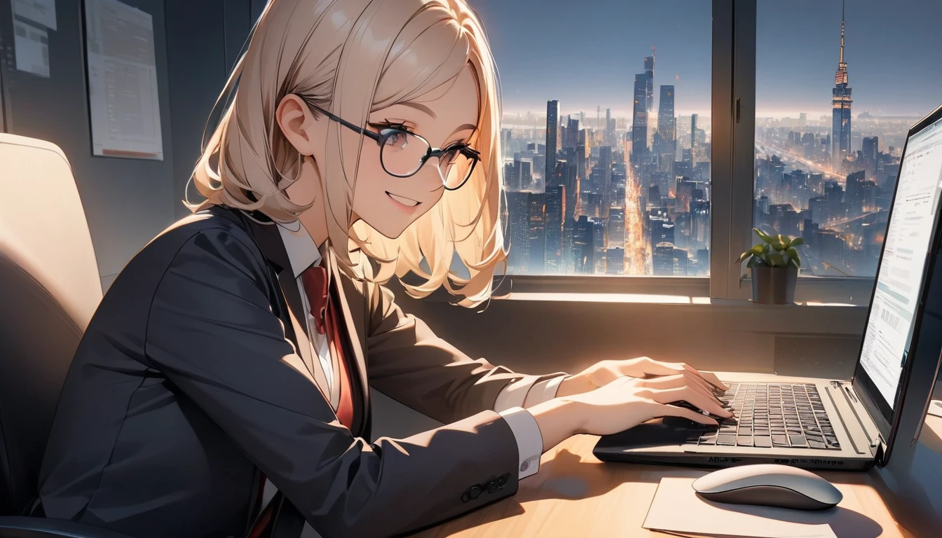 Office workers working on a computer,Portraiture,Professional,Wearing a smart suit,Stylish glasses,Typing on a sleek laptop,Use a wireless mouse,Sitting at a modern desk,Smile confidently,City skyline in the background,Soft natural light,High resolution,High resolution,Very detailed.One Woman ,alone