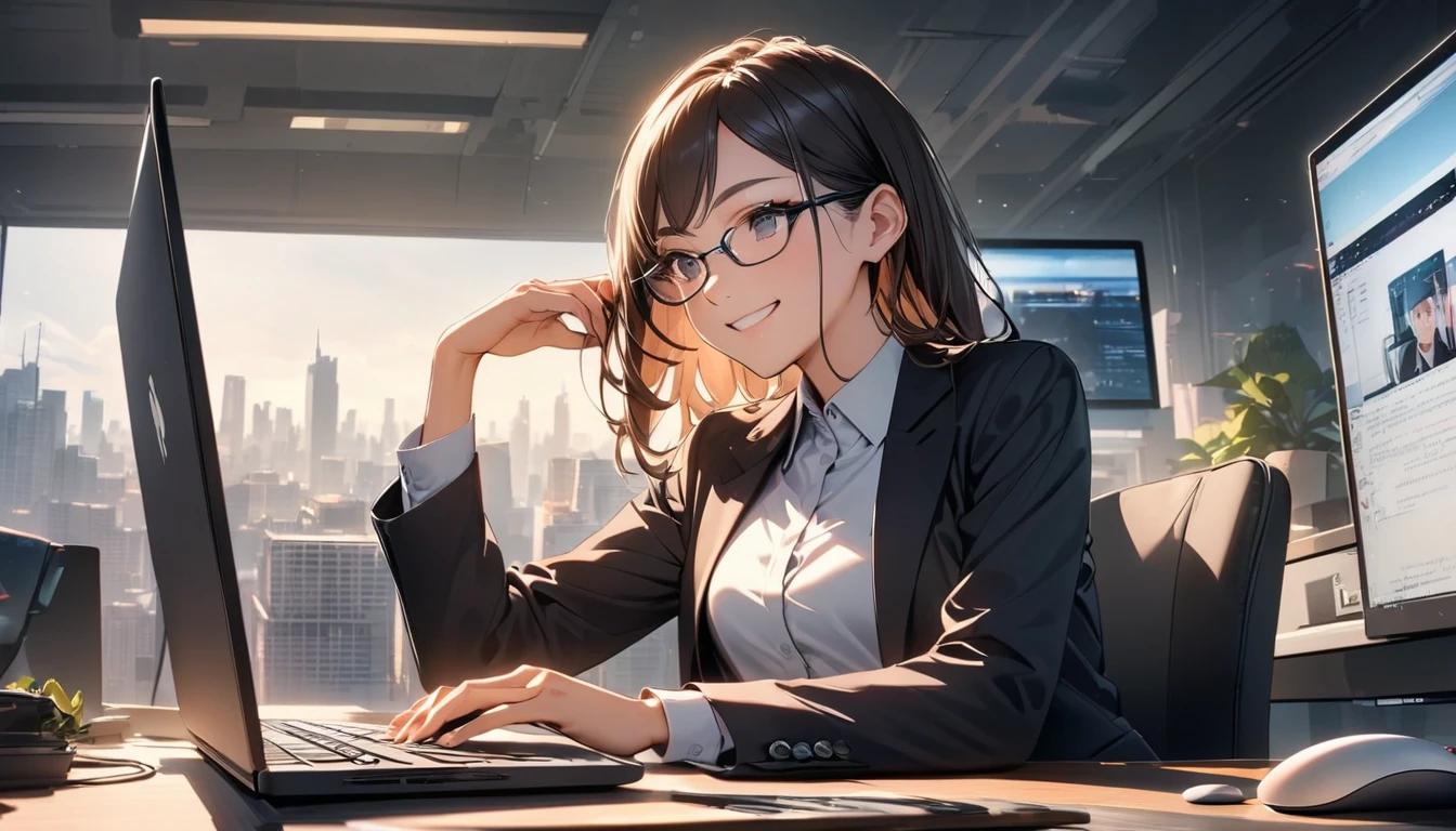 Office workers working on a computer,Portraiture,Professional,Wearing a smart suit,Stylish glasses,Typing on a sleek laptop,Use a wireless mouse,Sitting at a modern desk,Smile confidently,City skyline in the background,Soft natural light,High resolution,High resolution,Very detailed.One Woman ,alone