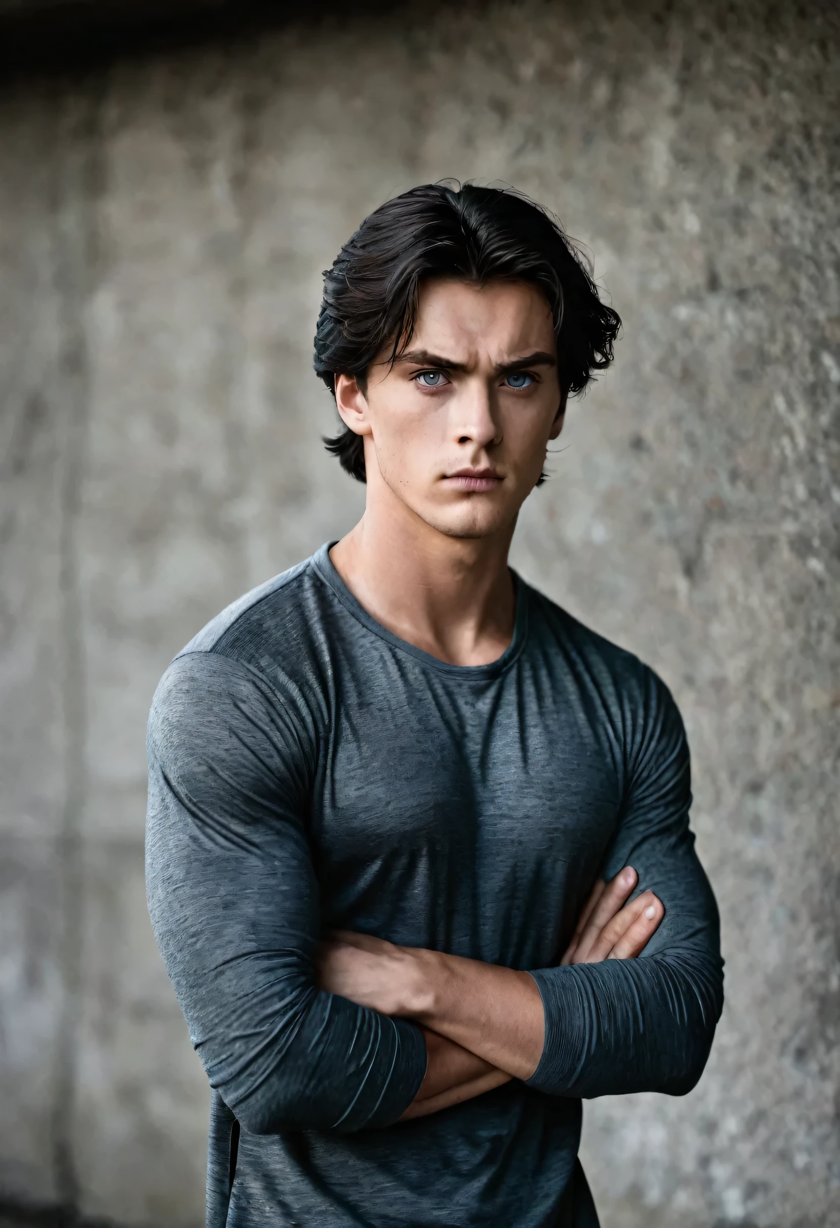 Young guy, 20 years, dark hair, athletic build, grey eyes, mysterious, serious face, full length