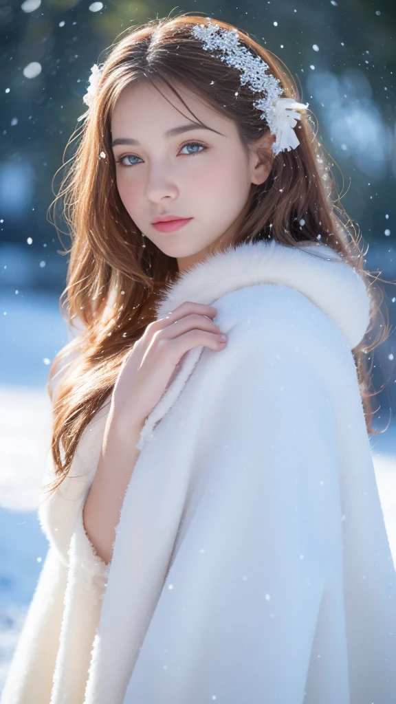 (highest quality, 8k, 32K，details are very clear),Realistic, High resolution, 1 Japanese Women, alone, (ta Costume)，Gorgeous costumes，Facing the audience，(Upper Body，Upper limbs)， Beautiful Eyes, brown hair, Ring-shaped eyes, (outside，Heavy snowfall，thick fur cape，Cover with snow)，Snowfield，blue eyes，highest qualityのイラスト，Detailed facial features