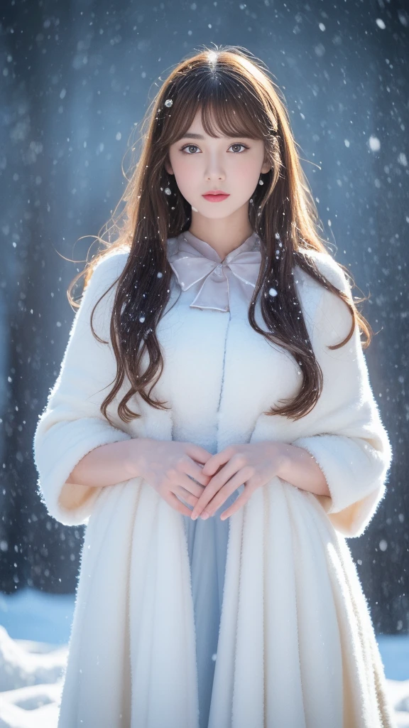 (highest quality, 8k, 32K,details are very clear),Realistic, High resolution, 1 Japanese Women, alone, (Lolita Costume),Gorgeous costumes,Facing the audience,(Upper Body,Upper limbs), Beautiful Eyes, brown hair, Ring-shaped eyes, (outside,Heavy snowfall,thick fur cape,Cover with snow),Snowfield,blue eyes,highest qualityのイラスト,Detailed facial features