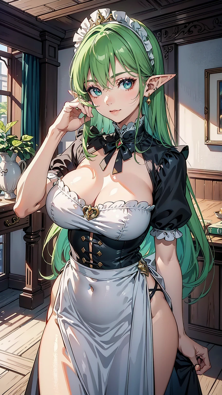 (art: 1.2), (best quality: 1.2) 1 woman, elf woman, European elf maid, mature, tall (1.85), looked to be around 30 years old, she had long emerald green hair, straight shiny hair with Korean bangs, green eyes like the most beautiful emerald, ultra realistic eyes, super detailed eyes, eyes well proportioned to your face, extremely detailed eyes, perfect eyes, extremely realistic eyes, well aligned eyes, thin chin, ultra feminine chin long eyelashes , anime style, slightly pointed ears, ears well proportioned to her face, ultra detailed ears, perfect ears, face positioned looking at the viewer, Perfect Face, face that looks 28 years old, full lips, motherly facial expression she will protect you, motherly smile, mature, fair skin, slender body, natural body, sexy body, mature body, hands on waist, perfect hands, detailed hands, hands well proportioned to the body, realistic hands, slender arms with good anatomy, she wore a European style maid who still couldn't hide her huge and large breasts that drooped due to her size, tight black dress, white apron, slim waist, thighs thick and wide hips, looking at the viewer, background in a wooden style house Victorian era, posing with her back for presentation, alone, looking at the viewer