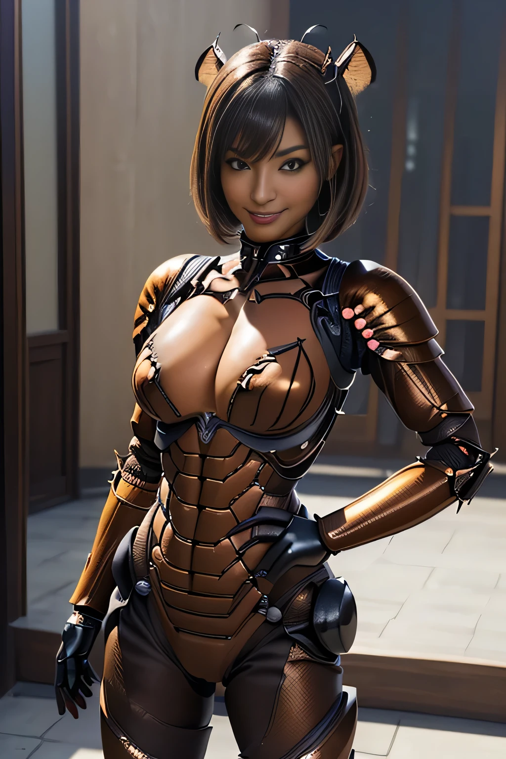 (high resolution,masterpiece,best quality,extremely detailed CG, anime, official art:1.4), realistic, photo, amazing fine details, all intricate, gloss and shiny,awesome many layers, 8k wall paper, 3d, sketch, kawaii, illustration,( solo:1.4), perfect female proportion,villainess, (fusion of dark brown cockroach and lady:1.4), (brown cockroach form lady:1.2), (brown cockroach lady:1.2), (fusion:1.2), (solo:1.4), (evil smile:1.2), muscular, abs, (cockroach brown exoskeleton bio insect suit:1.4), (cockroach brown exoskeleton bio insect armor:1.2), (brown transparency cockroach wing:1.4), (brown cockroach antennae:1.3),