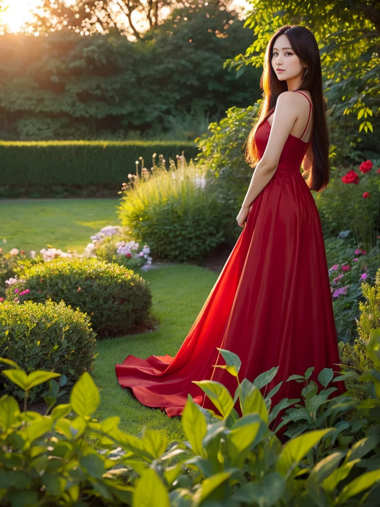 beautiful woman with long flowing hair, wearing a red dress, standing in a lush garden during sunset