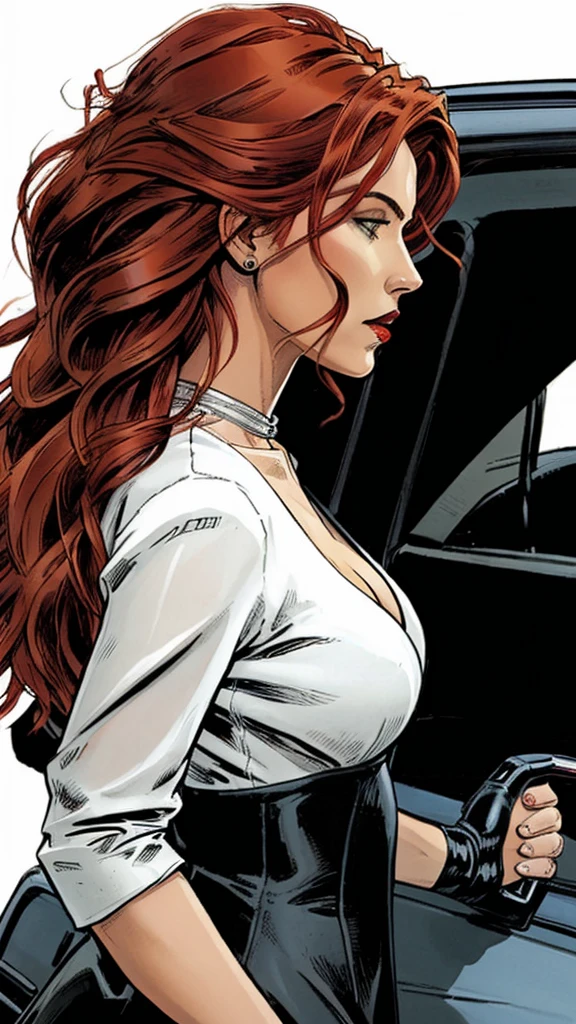 woman next to car, formal wear, Red hair, Tail, woman gets out of the car at full length, black car, Expensive, luxury, full view, side view, Marvel Comics Style, comics, White background, bright colors