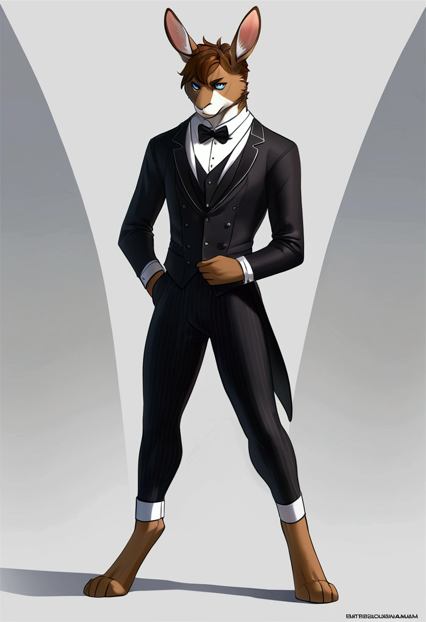 Anthro male rabbit man, formal outfit, digitigrade, serious expression, upper body, brown hair, blue eyes, 