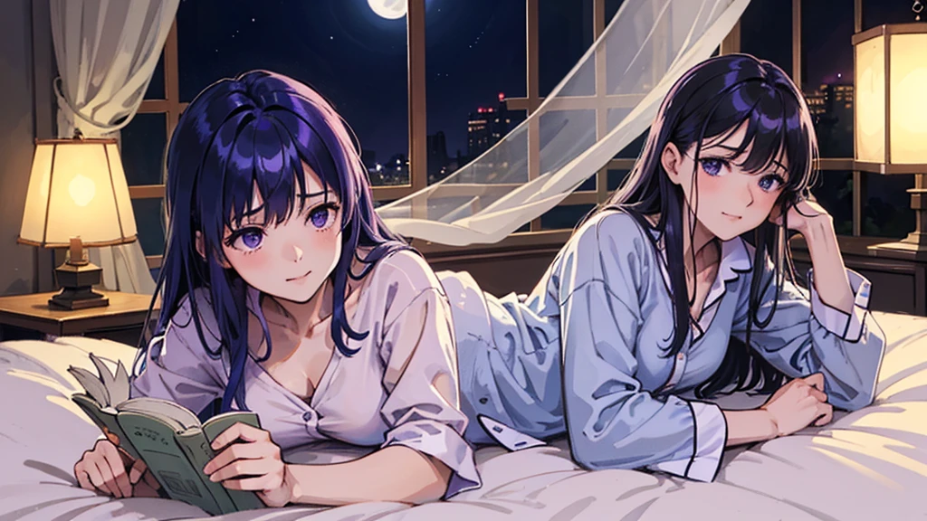 「In the quiet of the bedroom at night、A female character lies in bed、Reading a book。Outside the window, the full moon shines、The thin curtains are swaying softly。She is wearing relaxed pajamas、The room is lit in soft blue and purple tones.。A warm light is lit by the bedside、It creates a comfortable atmosphere。」
