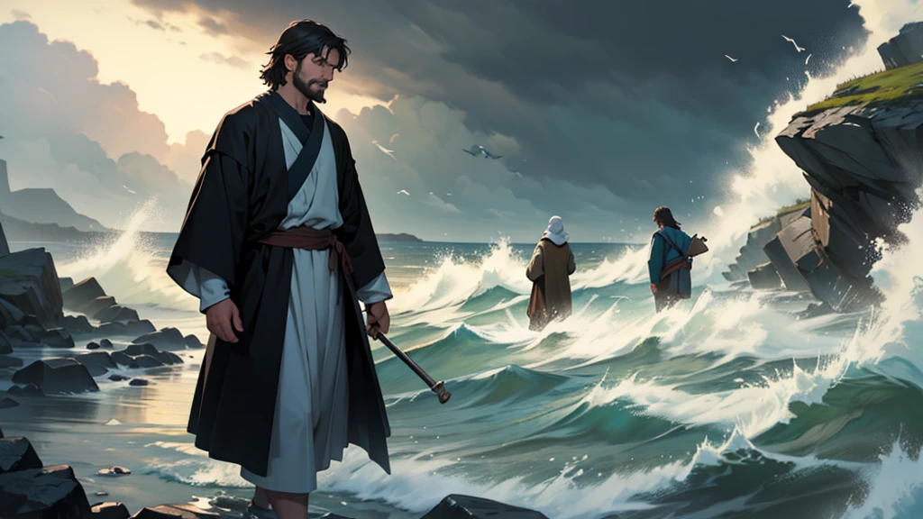 Peter, disciple of Jesus, leaving the park to walk on the water, with darker weather and rough seas