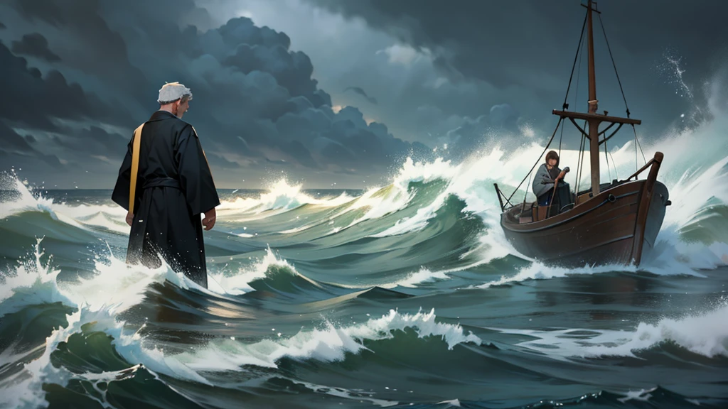 Peter, disciple of Jesus, leaving the park to walk on the water, with darker weather and rough seas