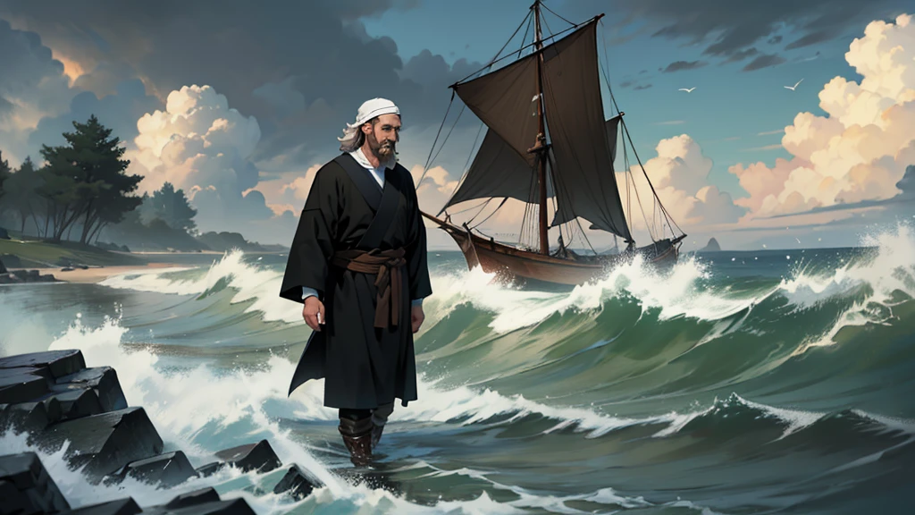 Peter, disciple of Jesus, leaving the park to walk on the water, with darker weather and rough seas