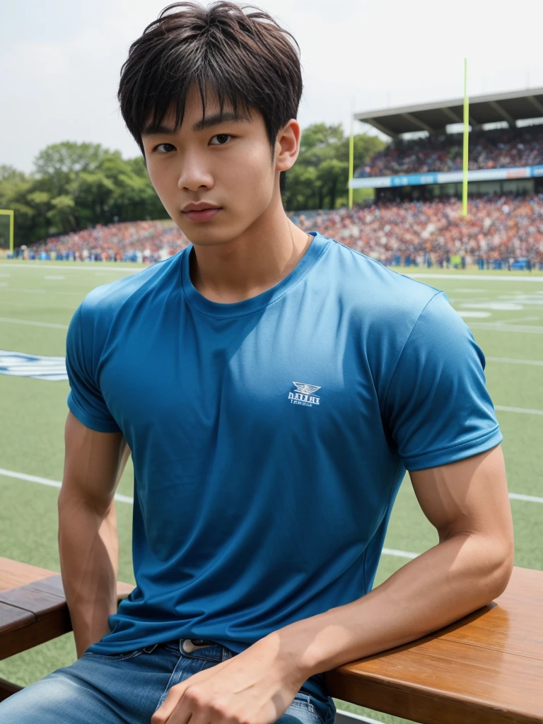 独奏: 1.5, (As a matter of fact, Masterpiece, 8k HD, good light quality, sportswear, fit the face, complicated details), A handsome, muscular young Korean man sits at a table, with muscular arms. , 20 years old, be happy, detailed face, delicate eyes, look at the sky, Wear a tight blue t-shirt.:1.6 , jeans period, black eyes, Black hair color, ผมsmooth, smooth,Surreal,Superb details,Highest quality,real,Open your mouth to talk. , Close your eyes., (standing in the football field:1.1)