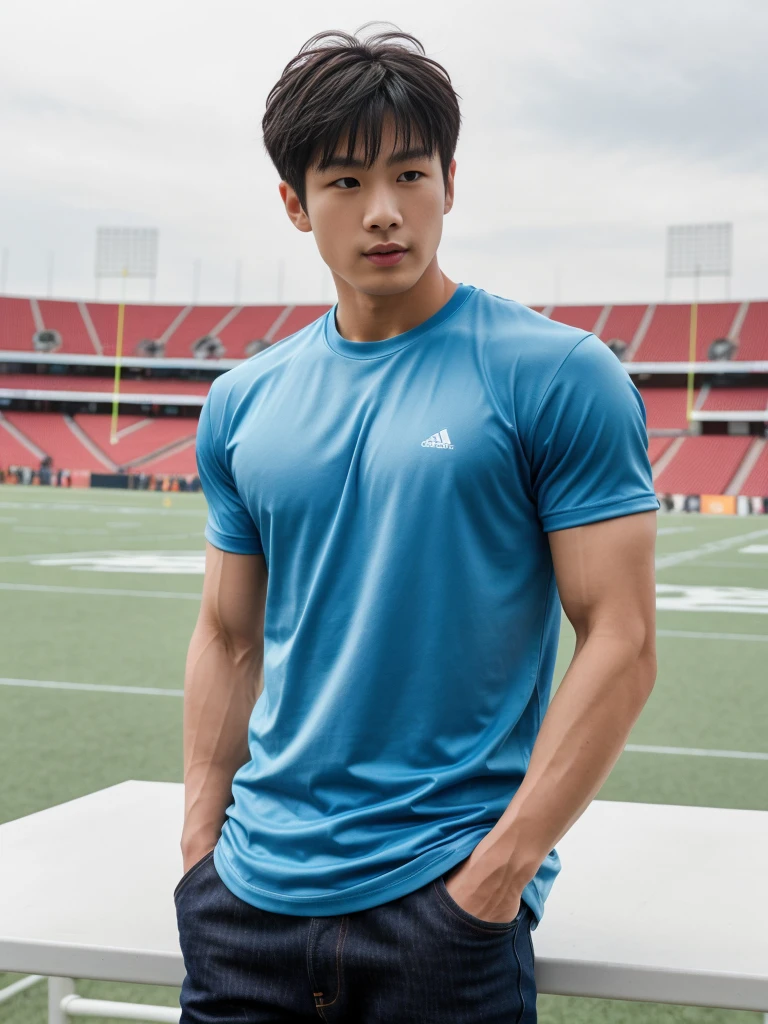 独奏: 1.5, (As a matter of fact, Masterpiece, 8k HD, good light quality, sportswear, fit the face, complicated details), A handsome, muscular young Korean man sits at a table, with muscular arms. , 20 years old, be happy, detailed face, delicate eyes, look at the sky, Wear a tight blue t-shirt.:1.6 , jeans period, black eyes, Black hair color, ผมsmooth, smooth,Surreal,Superb details,Highest quality,real,Open your mouth to talk. , Close your eyes., (standing in the football field:1.1)
