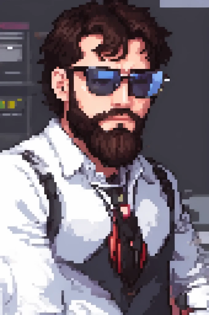 brunette programmer with short beard, glasses, blackw, AND VERY SHORT HAIR, Using the computer, PixArFK