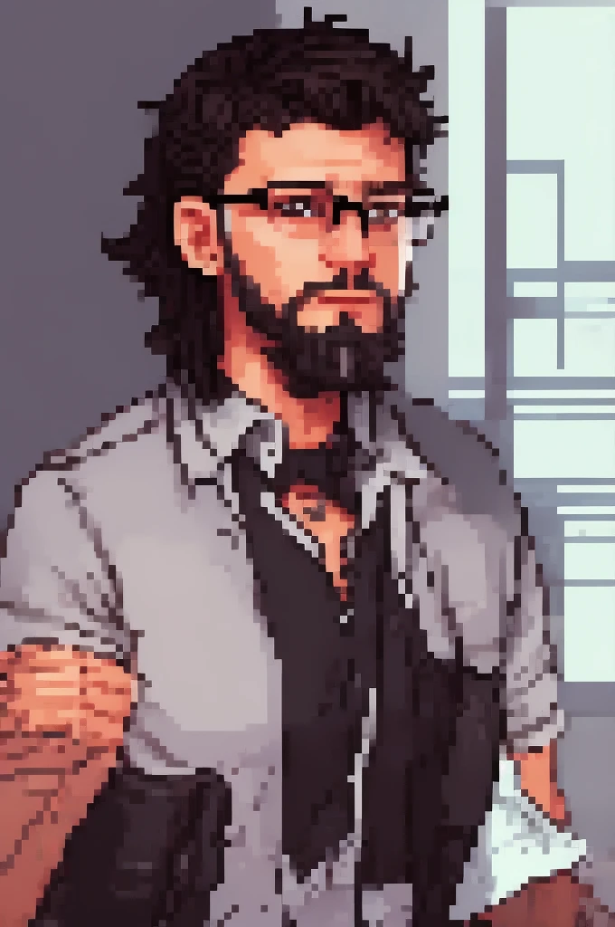 brunette programmer with short beard, glasses, blackw, AND VERY SHORT HAIR, Using the computer, PixArFK