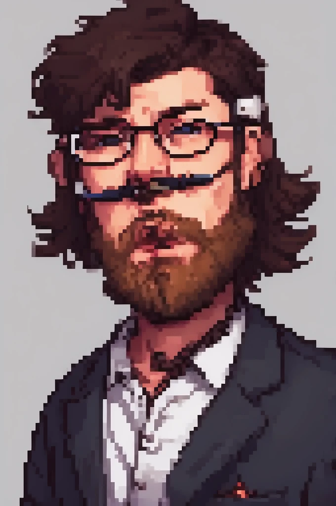 brunette programmer with short beard, glasses, blackw, AND VERY SHORT HAIR, Using the computer, PixArFK