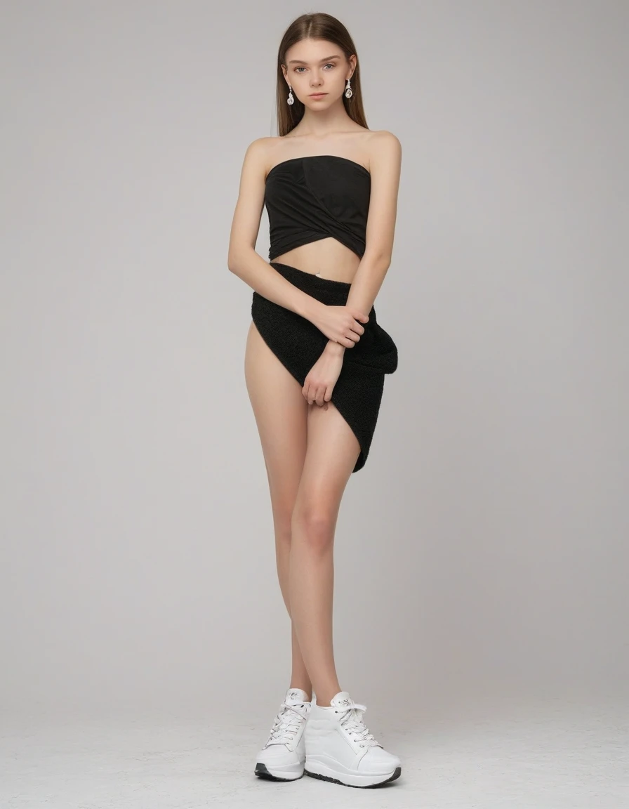 black pubic hair, front view, beautiful, completely naked very skinny russian girl , bare thighs, earrings, in two color wrap top, stand in mix shoes heel, Arms crossed, white background, photorealistic