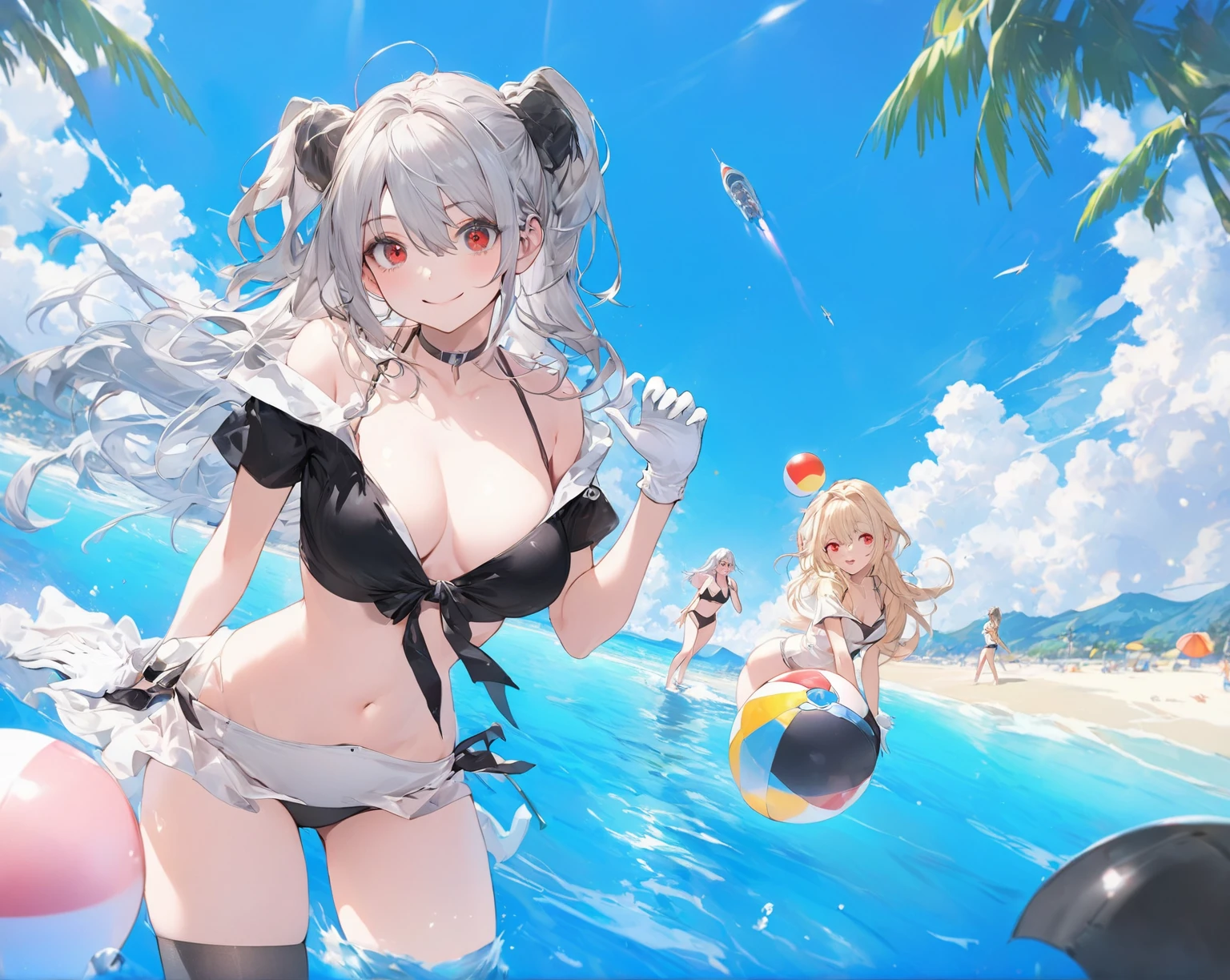 Ocean、Silver-haired, red-eyed girl、Swimwear、Two girls playing beach ball in the background、2d, masterpiece, best quality, anime, highly detailed face, highly detailed eyes, highly detailed background, perfect lighting, 1girl, solo, collared dress, short dress, short sleeves, blue jacket, black thighhighs, detached hair, long hair, necktie, headgear, white gloves, elbow gloves, hips, smile, standing, spacecraft interior