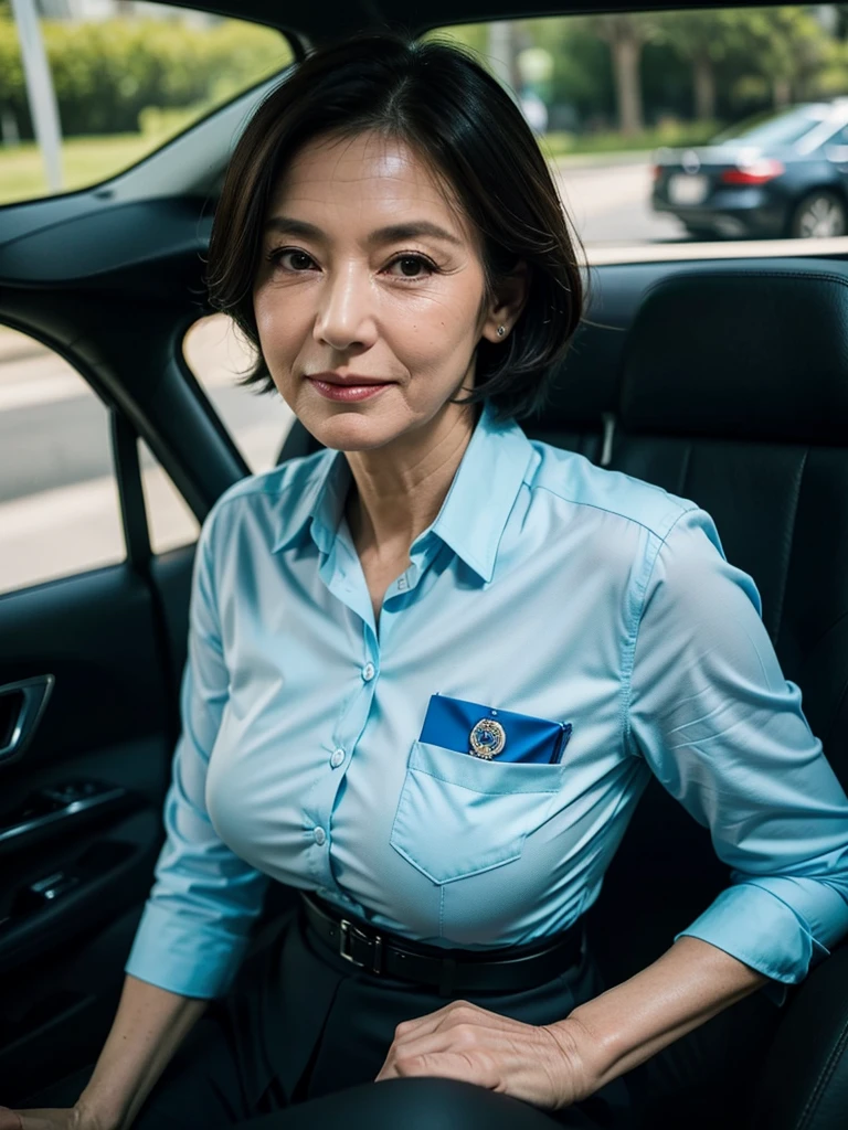 (masterpiece:1.4), (63-year-old woman:1.5),(facial wrinkles :1.2), (((solo : 1.3))), (((looking down at viewer : 1.3))), (leaning towards viewer : 1), short hair, (smirking), (arrogant), beautiful Mature Woman, wide hips, (police uniform : 1.3), (light blue shirt, black pants, breast pocket, black-belt, name tag, Uniform patch, police badge), pores, dull skin, realistic detailed skin, sitting in a car,