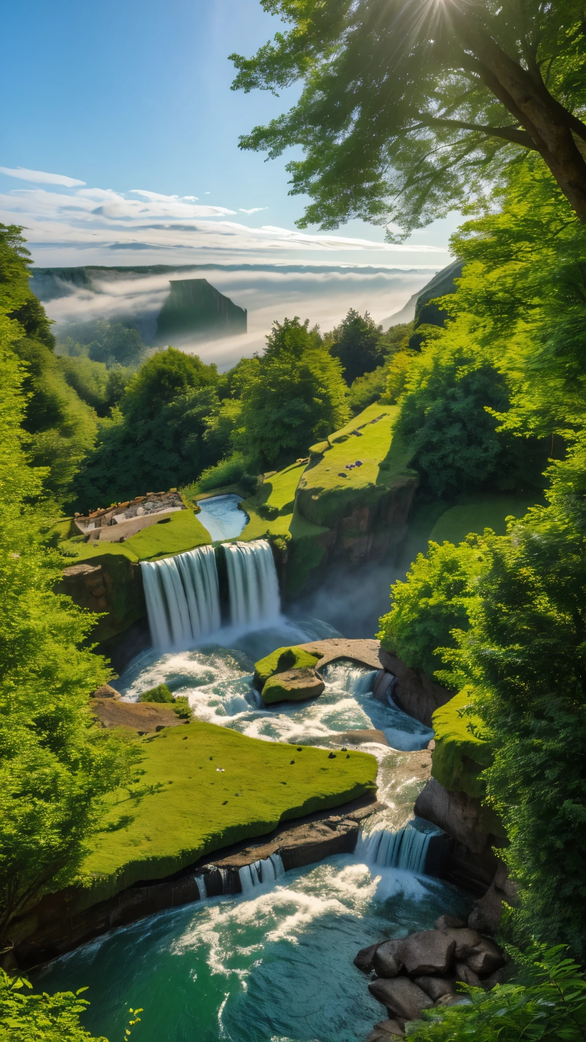 A modern house built into the side of a lush, green mountain with multiple waterfalls cascading down the cliffs. The house has large glass windows and multiple levels, blending seamlessly with the natural surroundings. The scene is serene and picturesque, with mist rising from the waterfalls and sunlight filtering through the trees. Birds are flying in the distance, adding to the peaceful atmosphere