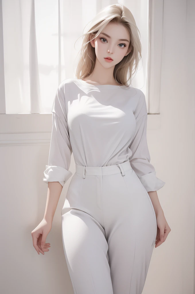 Beautiful woman, Wearing a white shirt, Full body portrait, Beautiful perfect face and perfect face, Surreal concept, 8k resolution, Photo quality, Pose for a photo, Photorealistic,