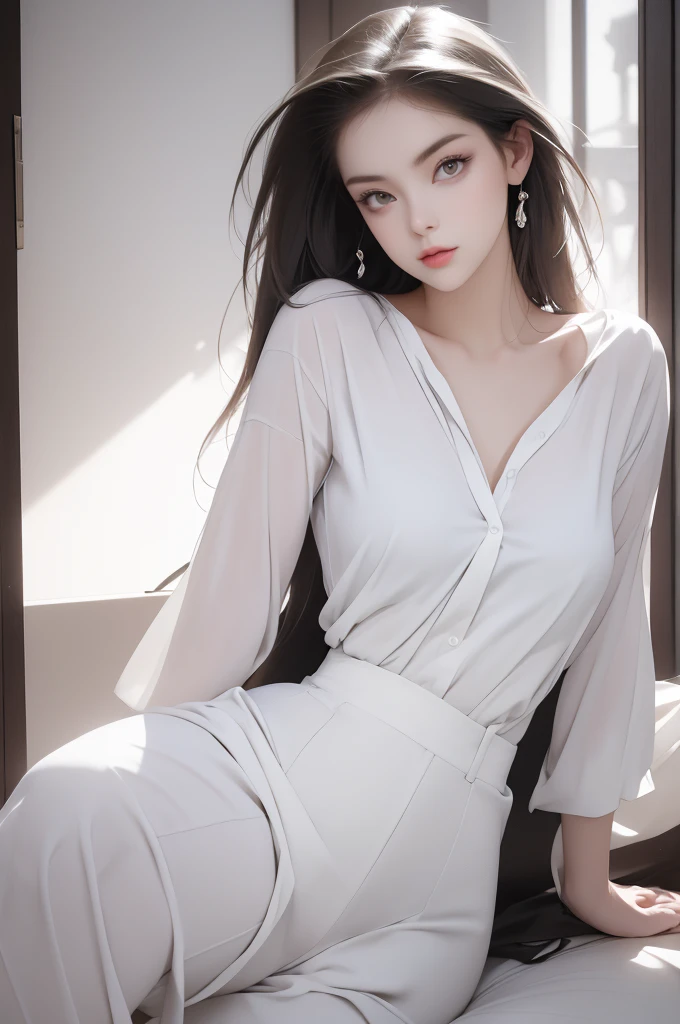 Beautiful woman, Wearing a white shirt, Full body portrait, Beautiful perfect face and perfect face, Surreal concept, 8k resolution, Photo quality, Pose for a photo, Photorealistic,