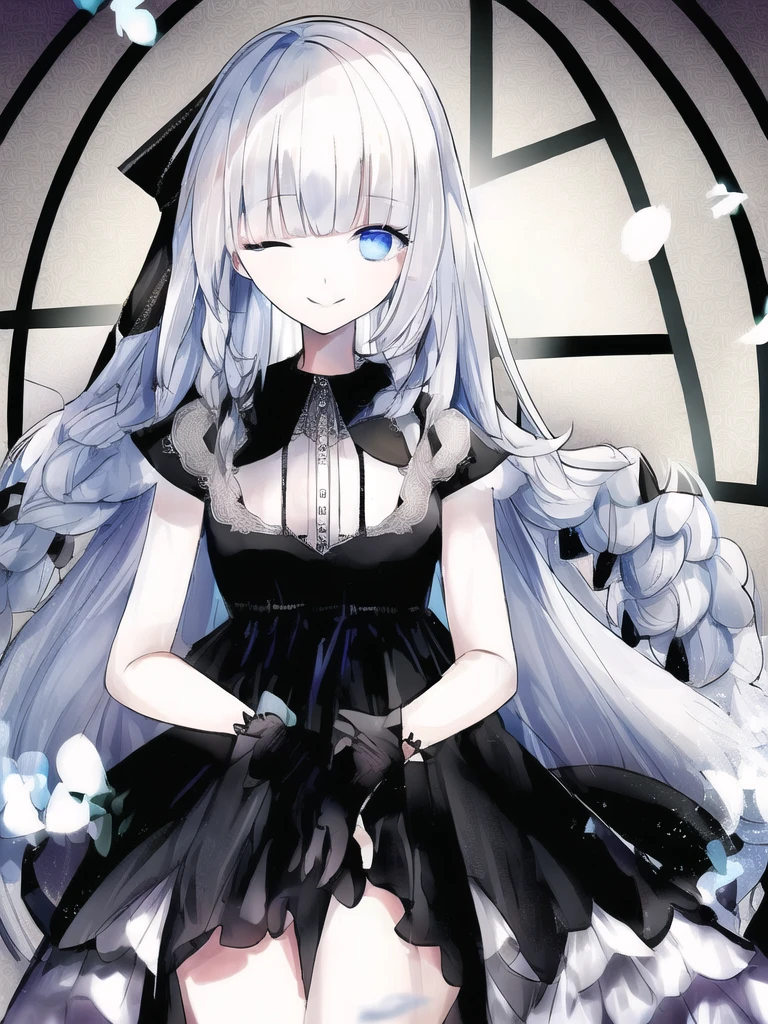 woman. Close your eyes.. bluish white hair. Long hair, right side swept hair. I closed my right eye. smile. black dress.