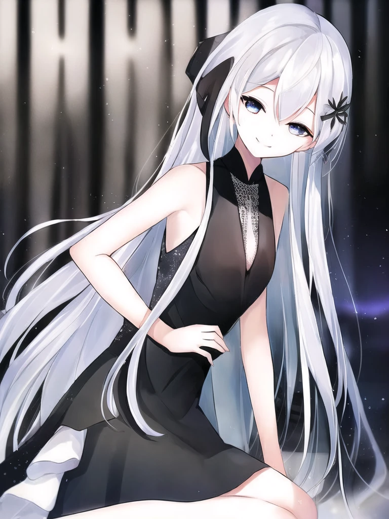 woman. Close your eyes.. bluish white hair. Long hair, right side swept hair. I closed my right eye. smile. black dress.