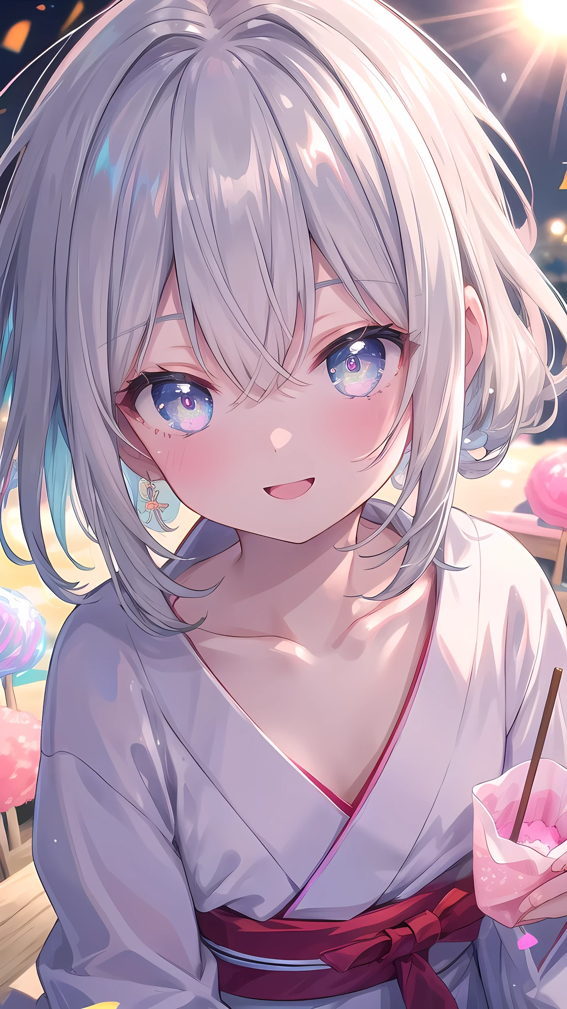 (8k, best quality, master piece: 1.2),super high resolution,1 girl, solo, colorshift eyes, hyperdetailed, expressive eyes, ultra-detailed face, yukata、Random hairstyle、silver gay hair, stall, sunshine, Collarbone, Ecstatic expression,wariza, Cotton candy
