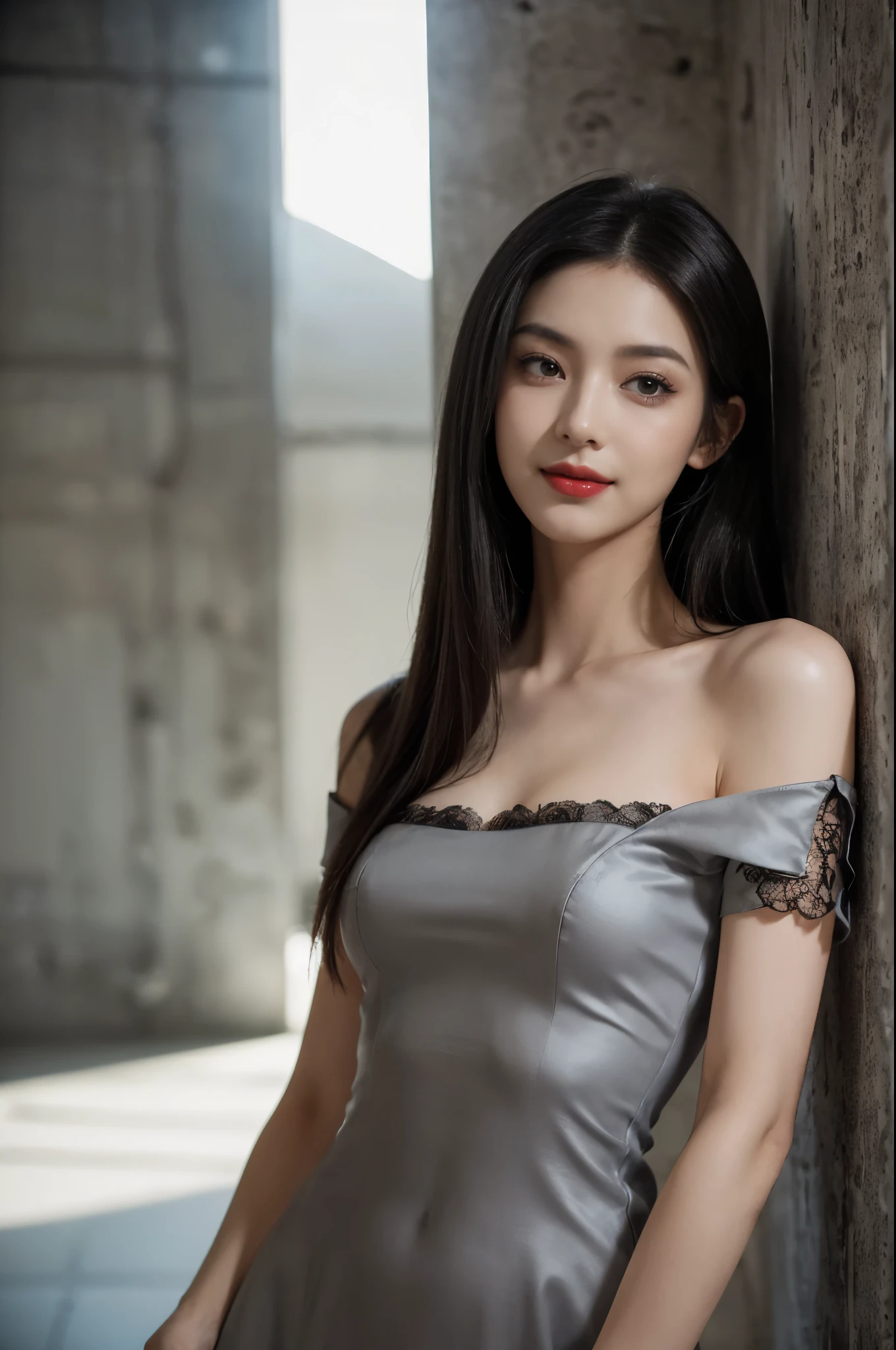 (((best quality))),(((ultra detailed))),(((masterpiece))),illustration,((1 beautiful girl,solo)),((slim,thin)),((small breasts,flat chest)),(shoulder length straight hair:1.2),summer afternoon,((unfinished concrete room,alluring,gray walls)),(short sleeves:1.2),(black lace dress:1.3),(seductive,elegant,full bosom,fair skin,golden strands,delicate features,deep brown eyes,mischief,mystery,enchanting smile,vibrant red lips,serene beauty,self-assuredness,industrial ambiance,raw cement walls,exposed pipes,sexuality,allure,refined beauty,compelling visual narrative,seductive gaze,elegant posture,industrial backdrop,lasting impression,((standing,from front,close-up of face))