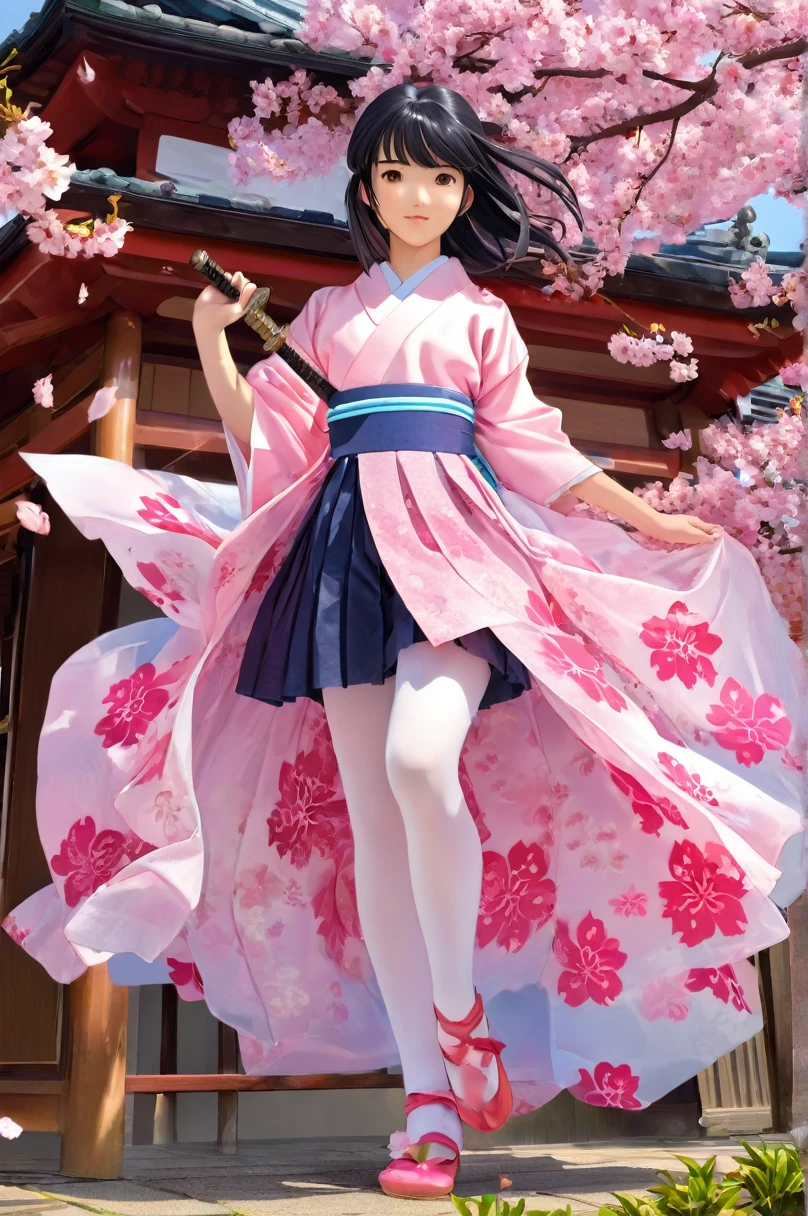 girl underwear, Sakura Shinguji、Realistic bloomers made from patterned cotton fabric, Japanese clothing and hakama, Fabric Realism, Low - Angle, I see bloomers, Pull up the dress by hand, Strong winds, Translucent slip, Translucent slip, tights, Highest quality, whole body、Black Hair、Holding a sword