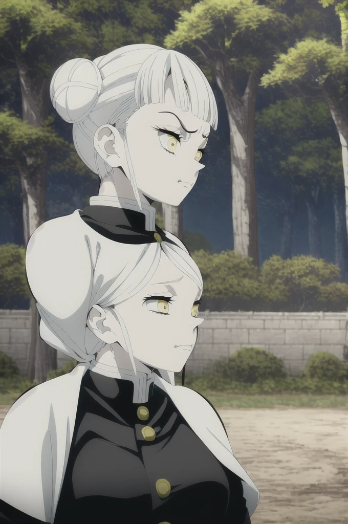kimetsu no yaiba style, 1girl, white hair in a high bun, demon slayer uniform, solo, yellow eyes, holding a katana ,white hair, all black cape, all black haori, outdoors, bangs, tree,, anime coloring, ((masterpiece)) , daylight background , beautiful girl, cute, solo , angry face , ((high quality)) , fighting pose.