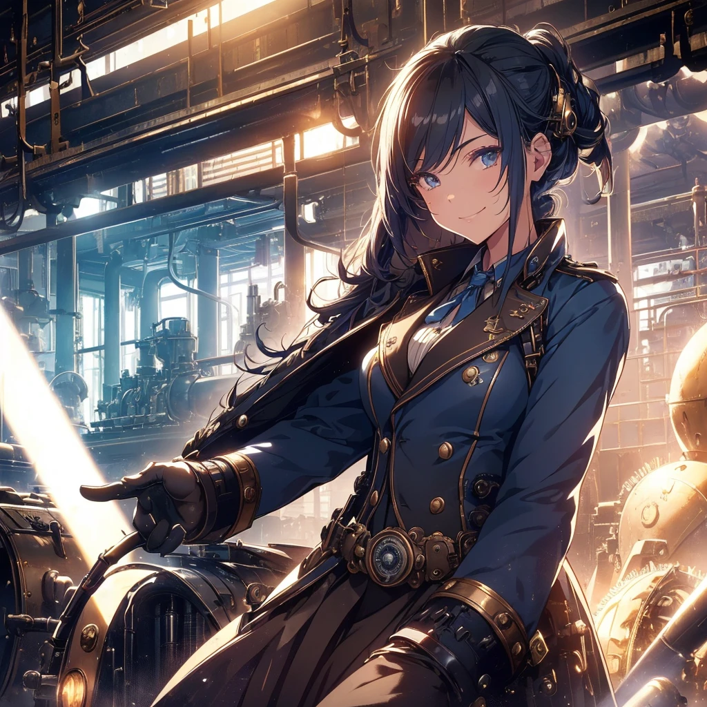 1girl, station master, uniform, stylish pose,(upper body:1.3), ( locomotive engine room:1.2), ( steam),seductive smile, looking at viewer, crowded, (steampunk theme:1.2),(steam:1.3),(volumetric light:1.3), (factory),(machines:1.2), (dynamic light:1.3), (light rays:1.3),(blue light:1.2), masterpiece, ,steampunk,