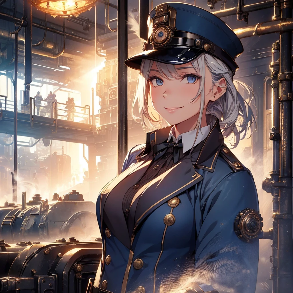 1girl, station master, uniform, stylish pose,(upper body:1.3), ( locomotive engine room:1.2), ( steam),seductive smile, looking at viewer, crowded, (steampunk theme:1.2),(steam:1.3),(volumetric light:1.3), (factory),(machines:1.2), (dynamic light:1.3), (light rays:1.3),(blue light:1.2), masterpiece, ,steampunk,
