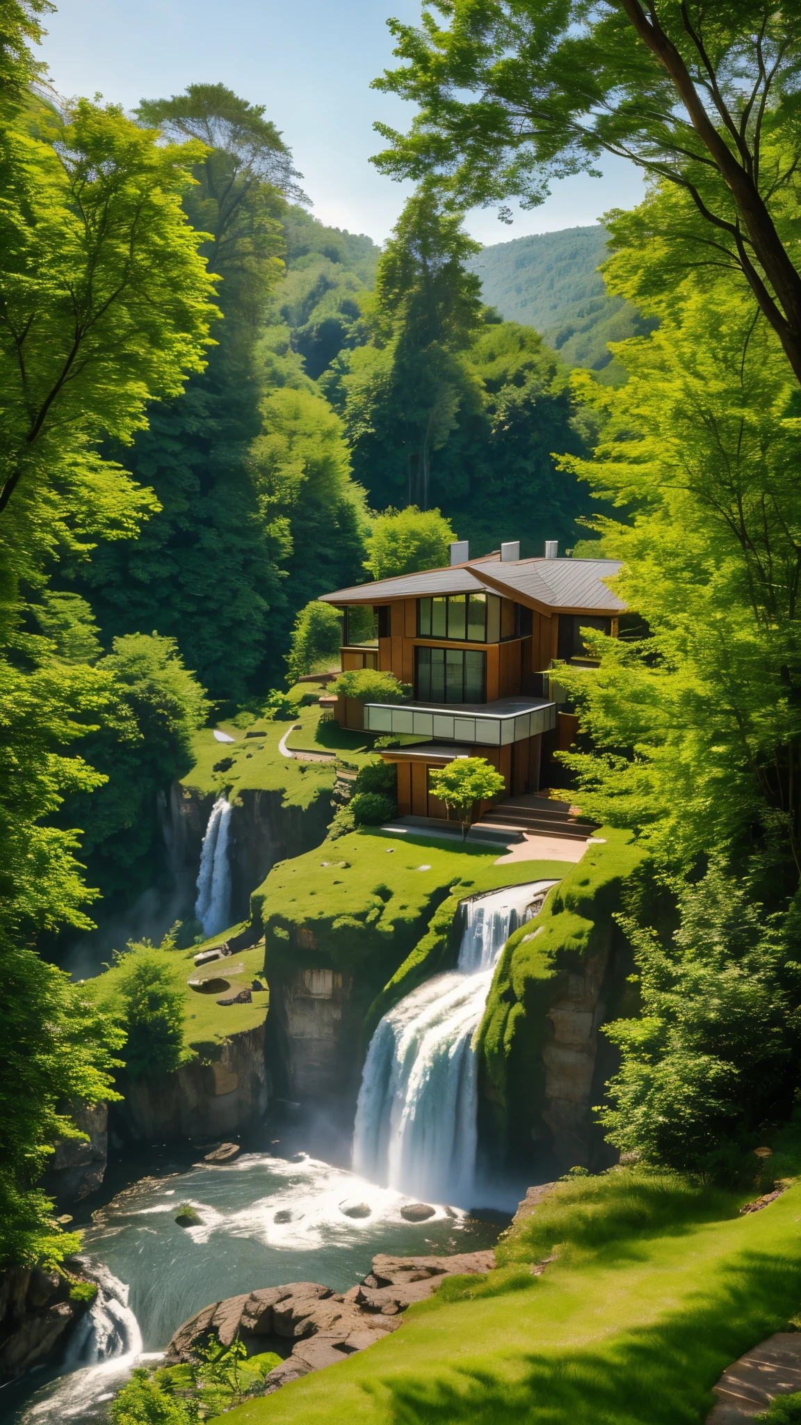 A modern house built into the side of a lush, green mountain with multiple waterfalls cascading down the cliffs. The house has large glass windows and multiple levels, blending seamlessly with the natural surroundings. The scene is serene and picturesque, with mist rising from the waterfalls and sunlight filtering through the trees. Birds are flying in the distance, adding to the peaceful atmosphere