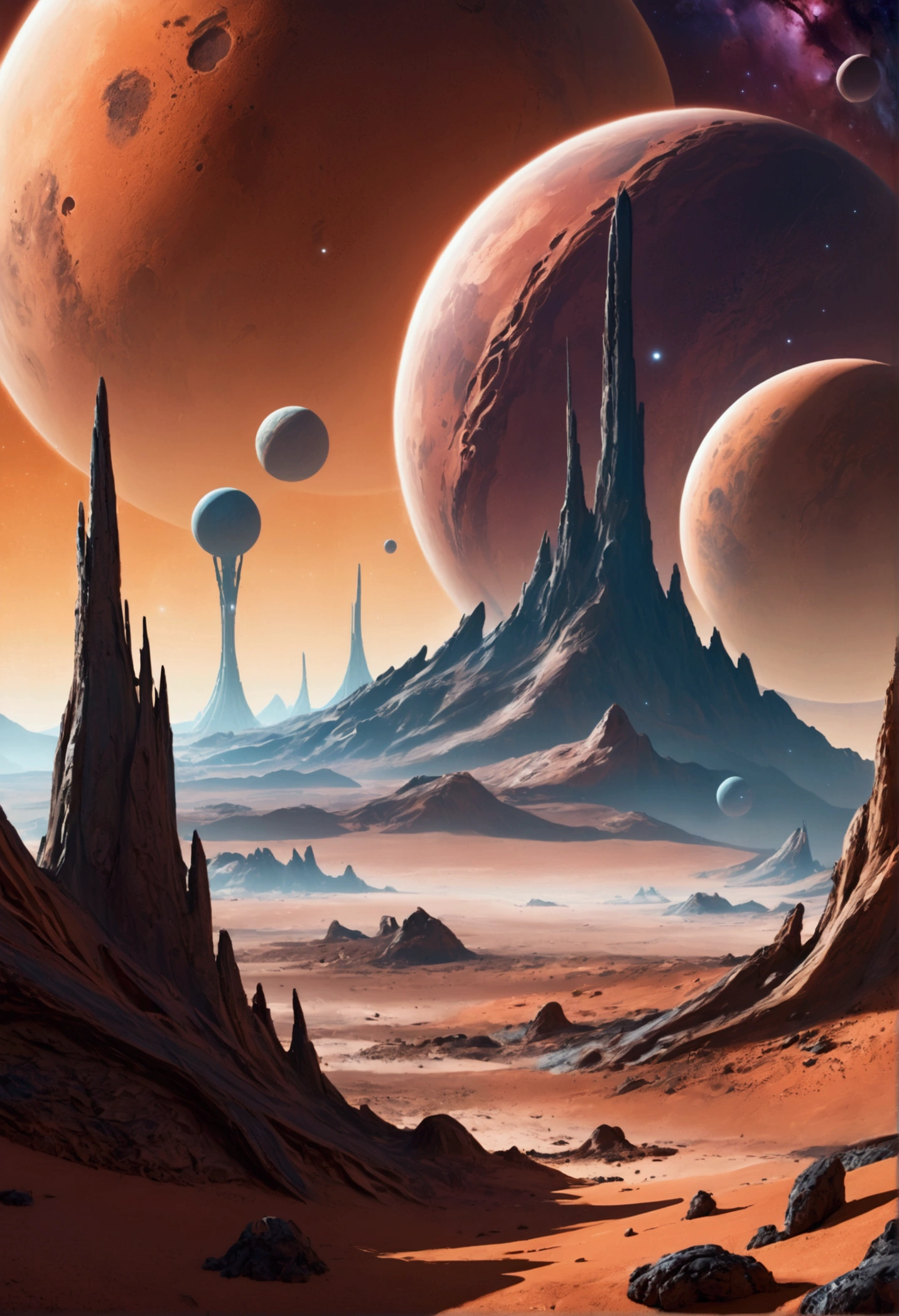 A landscape on a distant planet with unusual terrain and alien lifeforms.