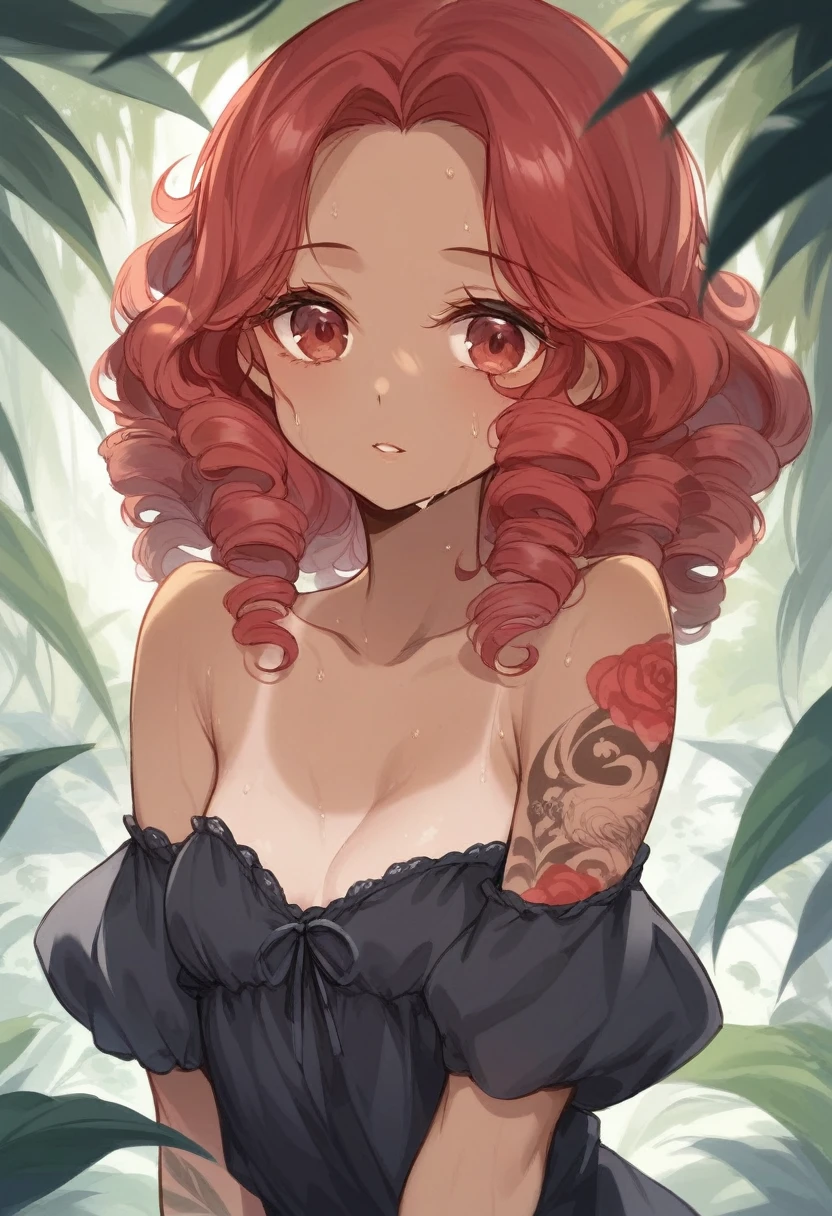 BREAK Perfect Anatomy、(High resolution:1.2)、Incredible illustrations、(Cute illustrations:1.2)、(nsfw) (Beautiful background(tropical rain forest)) 1 girl(Red hair, long curly hair, red eyes,tattoos,sweat:2.5 ,tan skin:1.ung adult woman:2.0)(Chinese Style Gothic Lolitess)