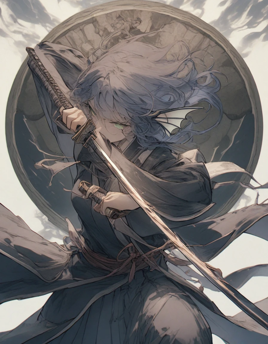 ,snap shot,red katana,fighting stance,(holding huge katana:1.3),,no pattern kimono,(black kimono:1.1),samurai,,,{{{Huge breasts}}},,,,,,long skirt, brooches,Blue brooch,,(dark Blue hair:1.25),gradient_hair,( Green eyes:1.25),hair_ornament detached ,,Very Long Ponytail, poneyTail,, (head fins:1.25),、stormy、lightning bolt,iaidow,weapon, katana, holding sword, ready to draw, sheathed, unsheathing, scabbard,