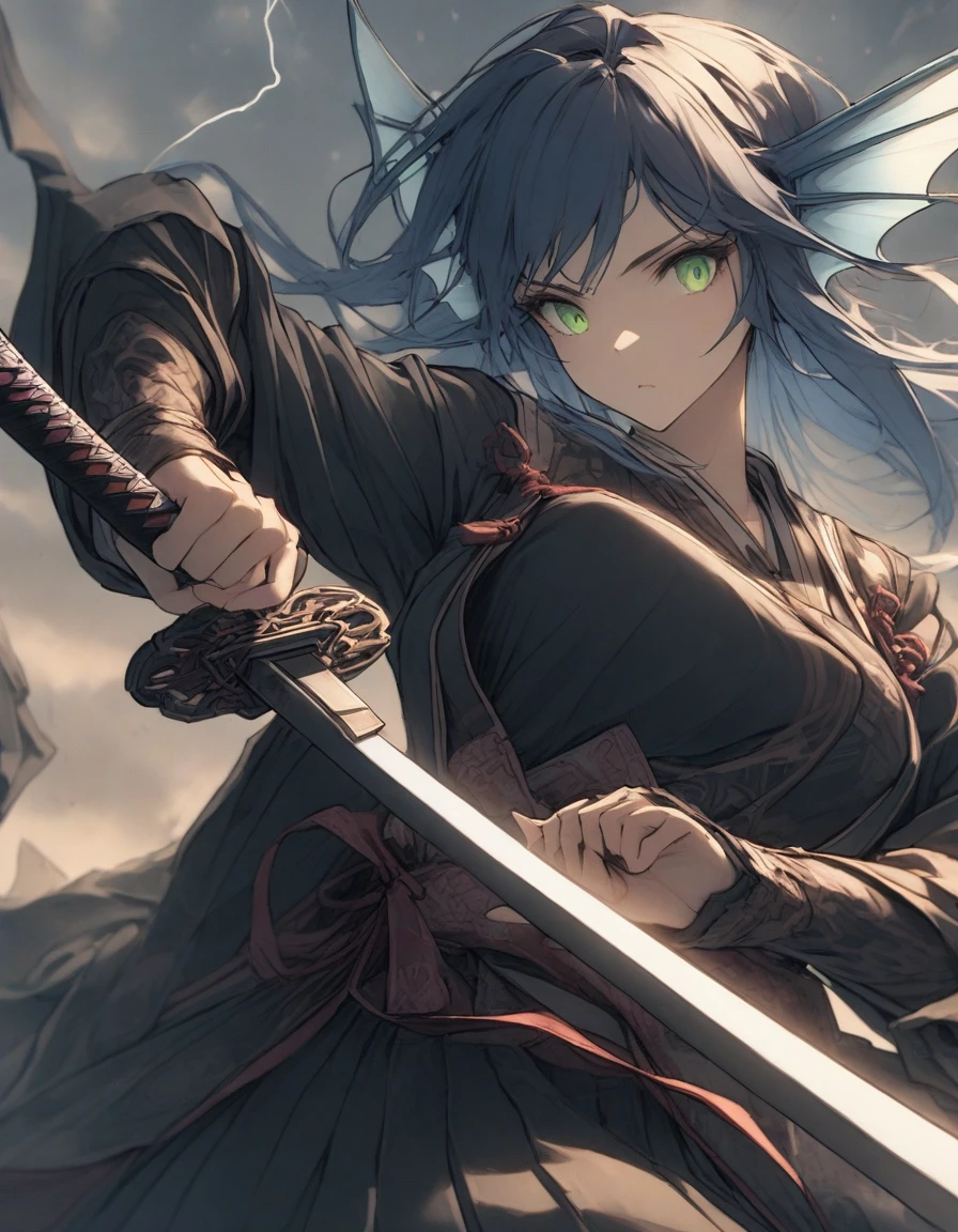 ,snap shot,red katana,fighting stance,(holding huge katana:1.3),,no pattern kimono,(black kimono:1.1),samurai,,,{{{Huge breasts}}},,,,,,long skirt, brooches,Blue brooch,,(dark Blue hair:1.25),gradient_hair,( Green eyes:1.25),hair_ornament detached ,,Very Long Ponytail, poneyTail,, (head fins:1.25),、stormy、lightning bolt,iaidow,weapon, katana, holding sword, ready to draw, sheathed, unsheathing, scabbard,