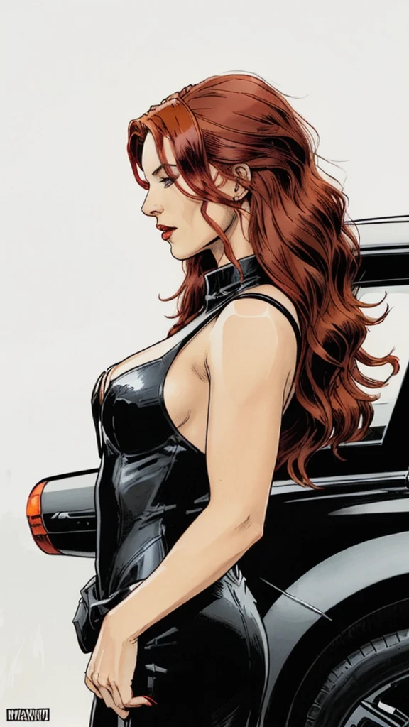 black car, woman, formal wear, Red hair, Tail, woman выходит из машины во весь рост, black car, Expensive, luxury, full view, side view, Marvel Comics Style, comics, White background, bright colors