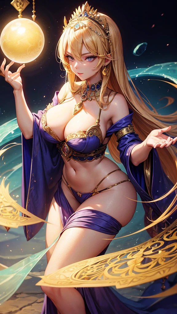 A beautiful female fortune teller with blonde hair, facing forward. She has a voluptuous chest with cleavage visible and is holding a crystal ball, as if divining the future.