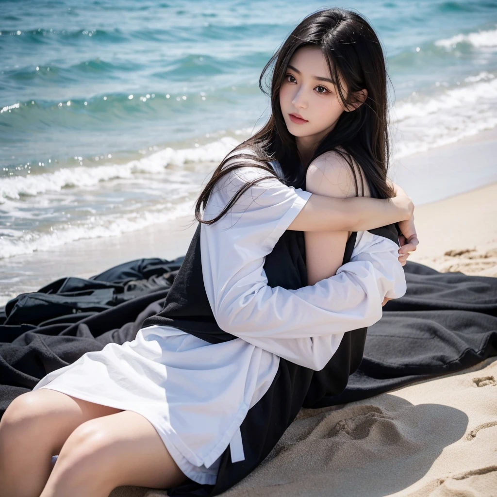 gorgeous 19 y.o. girl,gorgeous girl, score_9,score_8_up,score_7_up,source_anime,masterpiece,best quality, ((black hair)),make up, opened eyes, black eyes,full clothing,a woman with her son,((woman hugging son,1 kid,)),duo,realistic skin,realistic,???,at the beach,wearing beach clothes