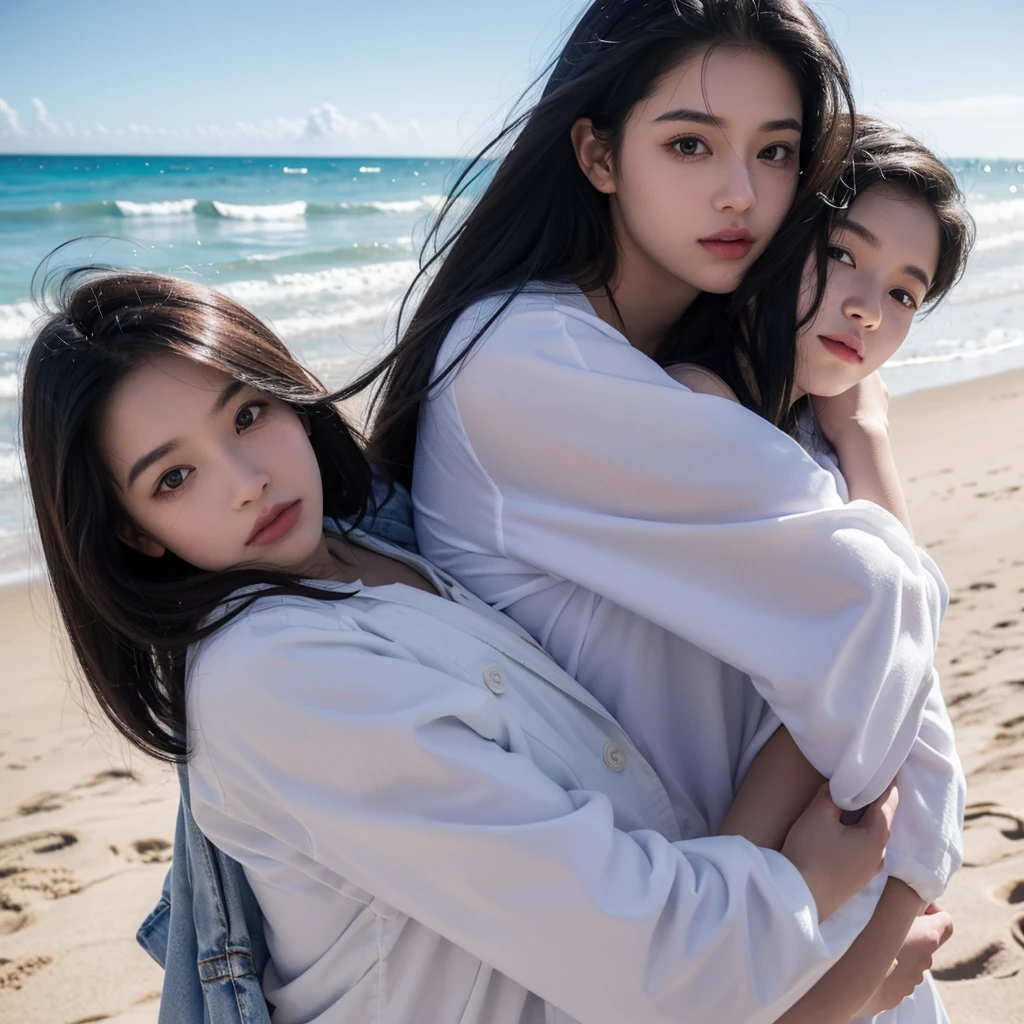 gorgeous 19 y.o. girl,gorgeous girl, score_9,score_8_up,score_7_up,source_anime,masterpiece,best quality, ((black hair)),make up, opened eyes, black eyes,full clothing,a woman with her son,((woman hugging son,1 kid,)),duo,realistic skin,realistic,kid,at the beach,wearing beach clothes