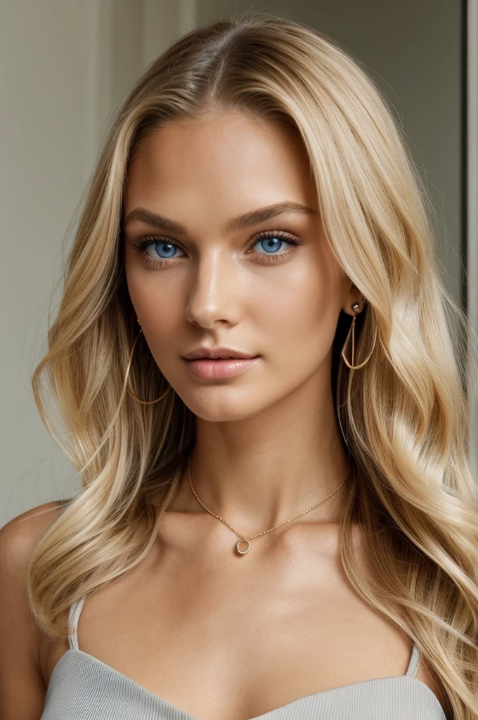 - **Appearance:** Tall girl with an ideal figure (approximately 170-175 cm), slim and athletic.
- **Face:** Symmetrical facial features, soft cheekbone contours, neat nose, plump lips.
- **Eyes:** Large blue eyes with long thick eyelashes, slightly cat-like eye shape.
- **Hair:** Long, straight blonde hair with a slight wave.
- **Skin:** Clear and smooth skin with a light tan.
- **Clothing:** Elegant dress with a deep neckline, emphasizing the figure, or a form-fitting jumpsuit.
- **Accessories:** Minimal jewelry — a thin necklace and stud earrings.