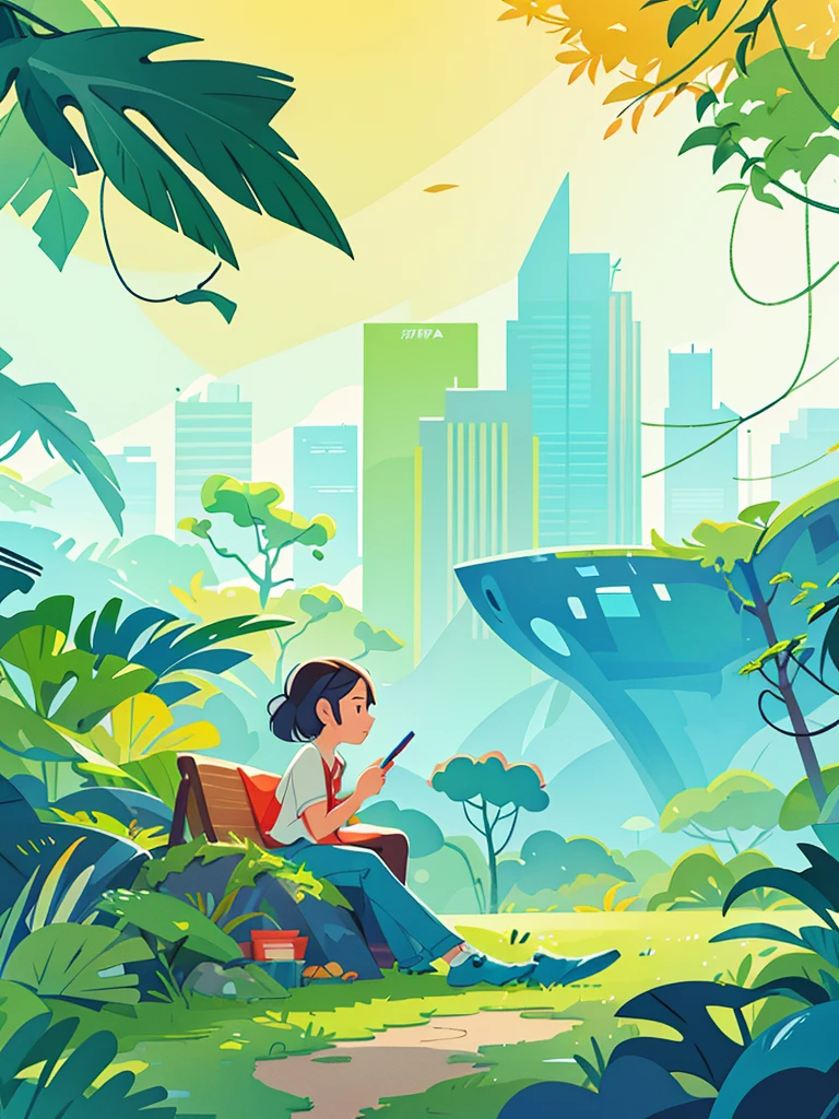 The harmonious survival of the jungle and the city, color block illustration, fashion watercolor, color particles, pencil painting, Liu Ye, Chen Jialing, artistic conception ink painting, Lin Fengmian, plane composition, abstract geometry, Monterey'an